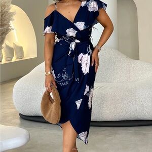 PORTIA V NECK ASYMMETRIC FRILL RUFFLE MIDI DRESS — BY AMICA / SAO BY DEE